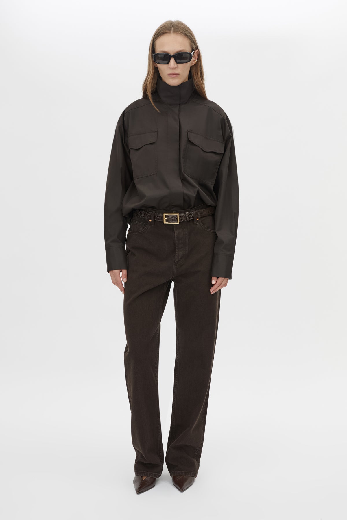 Front view CAMILLA AND MARC Java Shirt in Espresso Brown with funnel neck, button‑up front and long sleeves. 