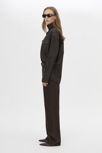Side view CAMILLA AND MARC Java Shirt in Espresso Brown with funnel neck, button‑up front and long sleeves.  