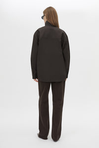 Back view CAMILLA AND MARC Java Shirt in Espresso Brown with funnel neck, button‑up front and long sleeves.  