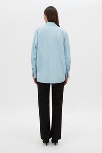 Back view CAMILLA AND MARC Jenie stripe shirt in baby blue stripe.