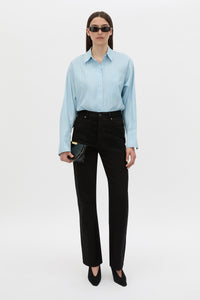 Front-styled view CAMILLA AND MARC Jenie stripe shirt in baby blue stripe.