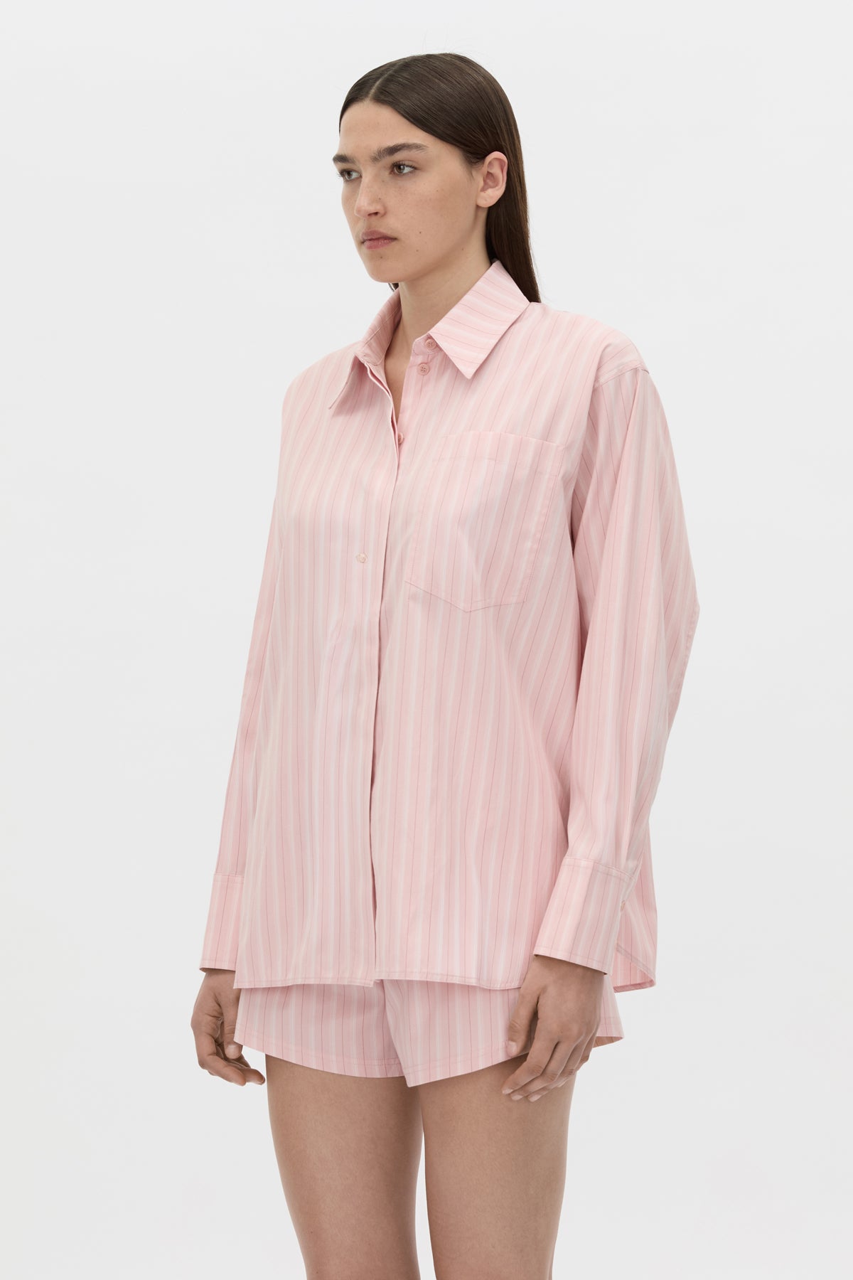 Cropped view CAMILLA AND MARC Jenie stripe shirt in light rose stripe.