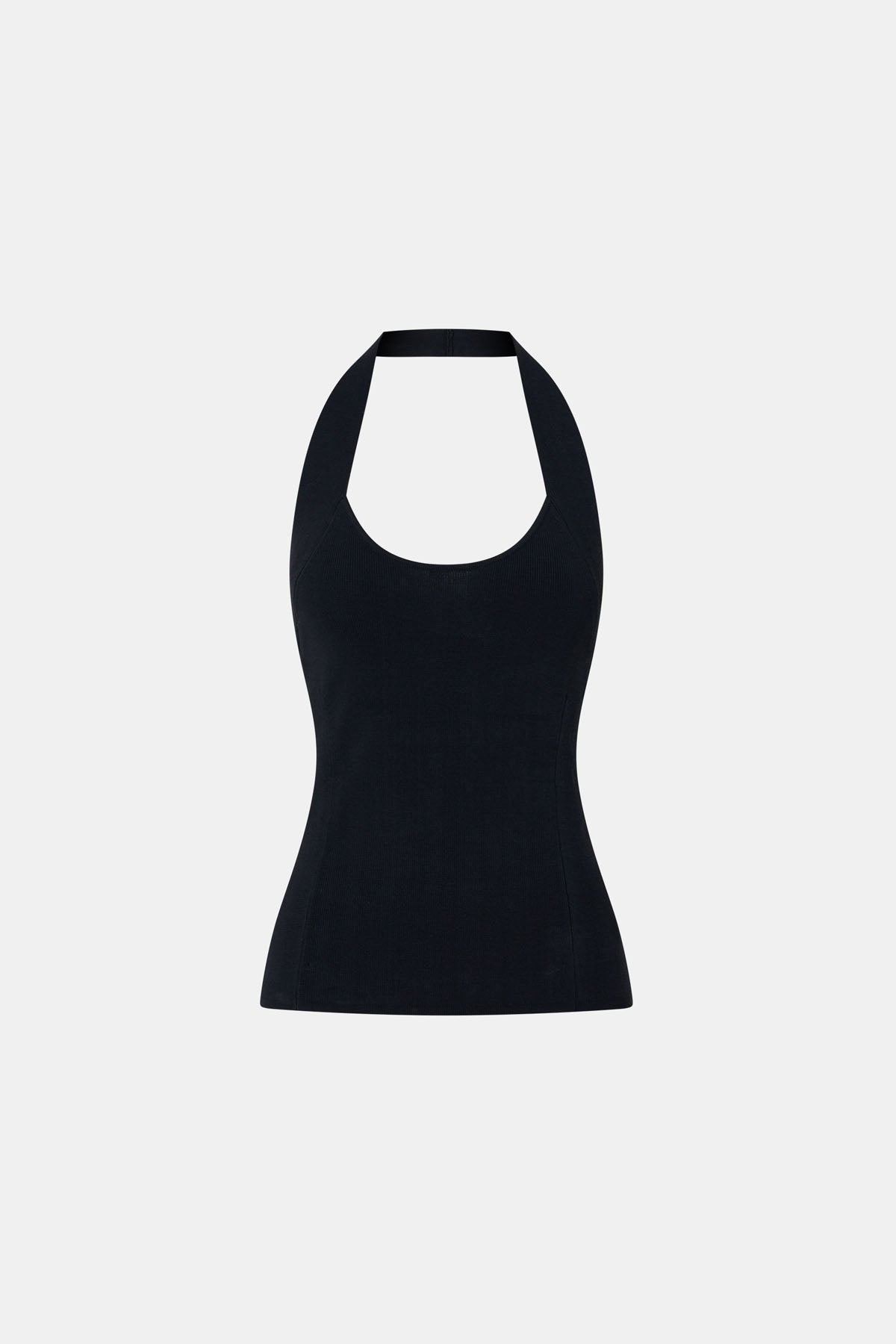 Ghost view CAMILLA AND MARC Juliet Knit Halter Top in Black with ribbed halter neckline.