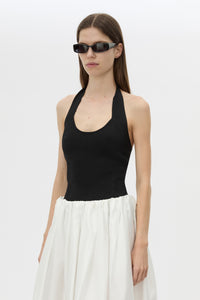 Cropped view CAMILLA AND MARC Juliet Knit Halter Top in Black with ribbed halter neckline.