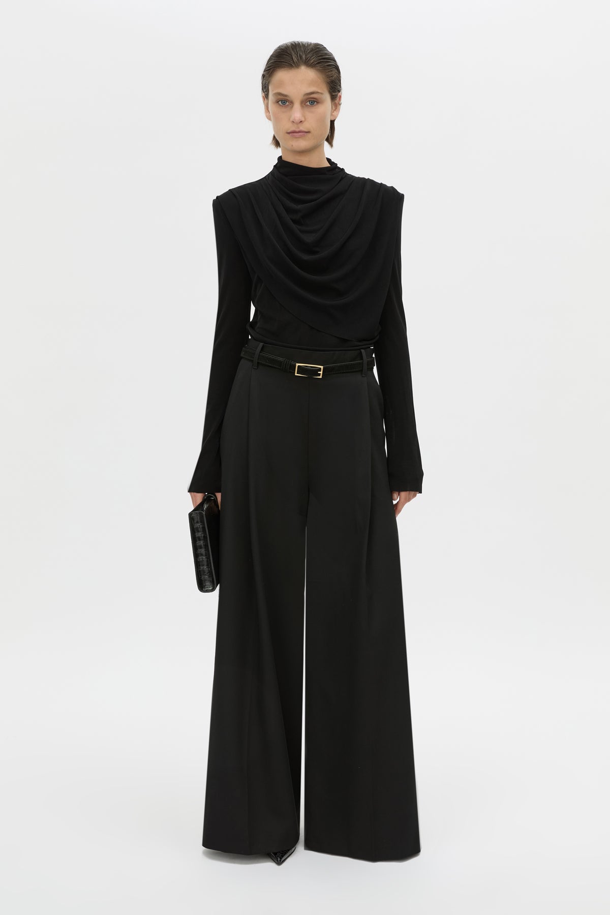 Front view CAMILLA AND MARC Katerina long sleeve top in black.