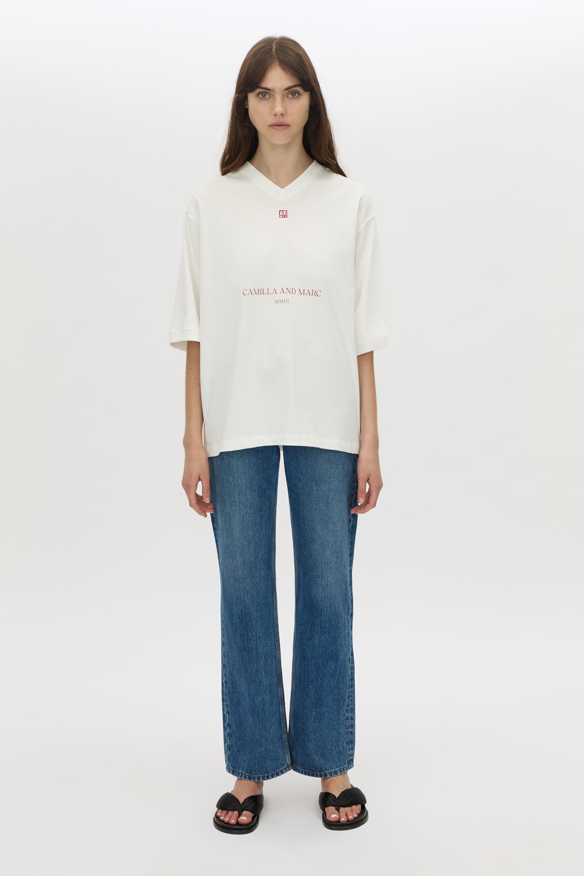Front view CAMILLA AND MARC Larissa logo jersey tee in white.
