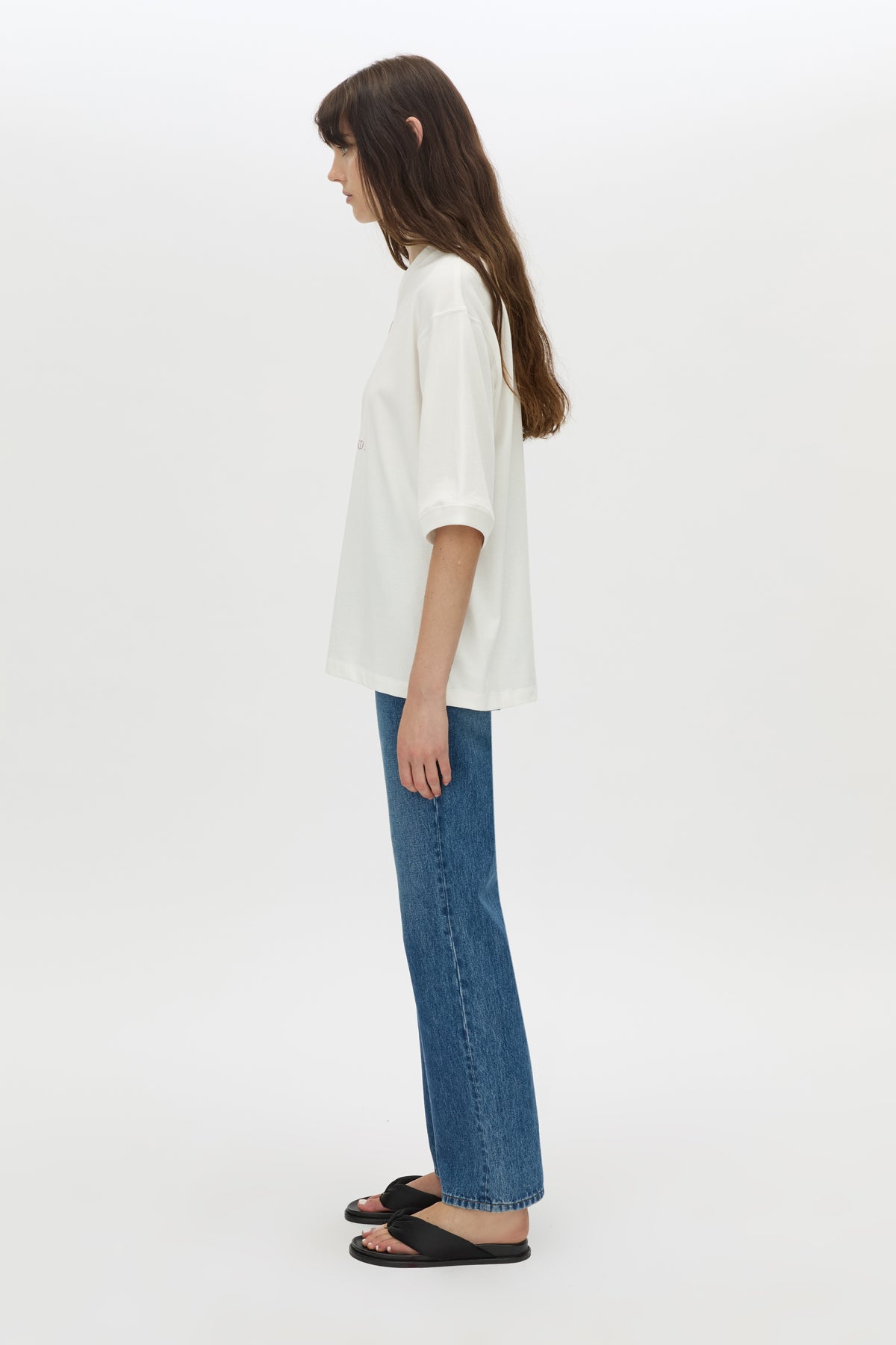 Side view CAMILLA AND MARC Larissa logo jersey tee in white.