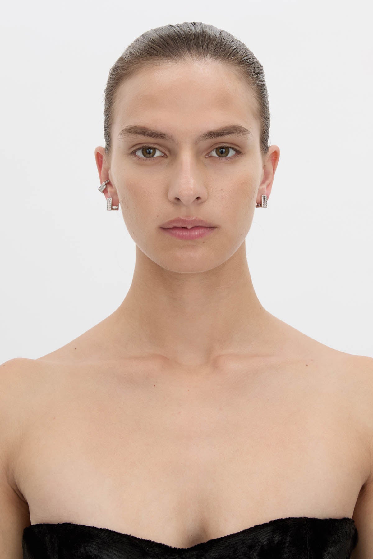 Front view CAMILLA AND MARC Leighton Pavé Ear Cuff in silver with geometric double‑row pavé detailing.