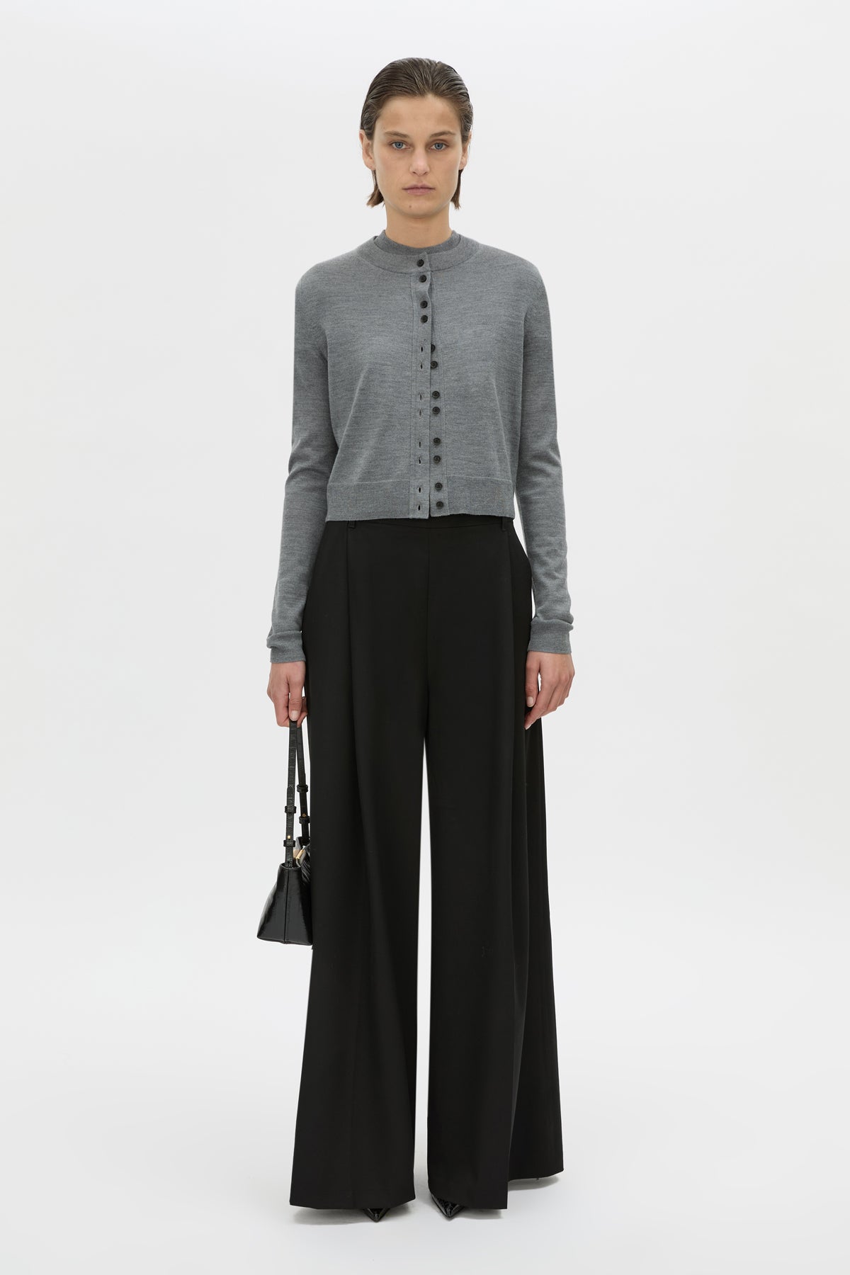 Front view CAMILLA AND MARC Leona knit cardigan in charcoal marle.