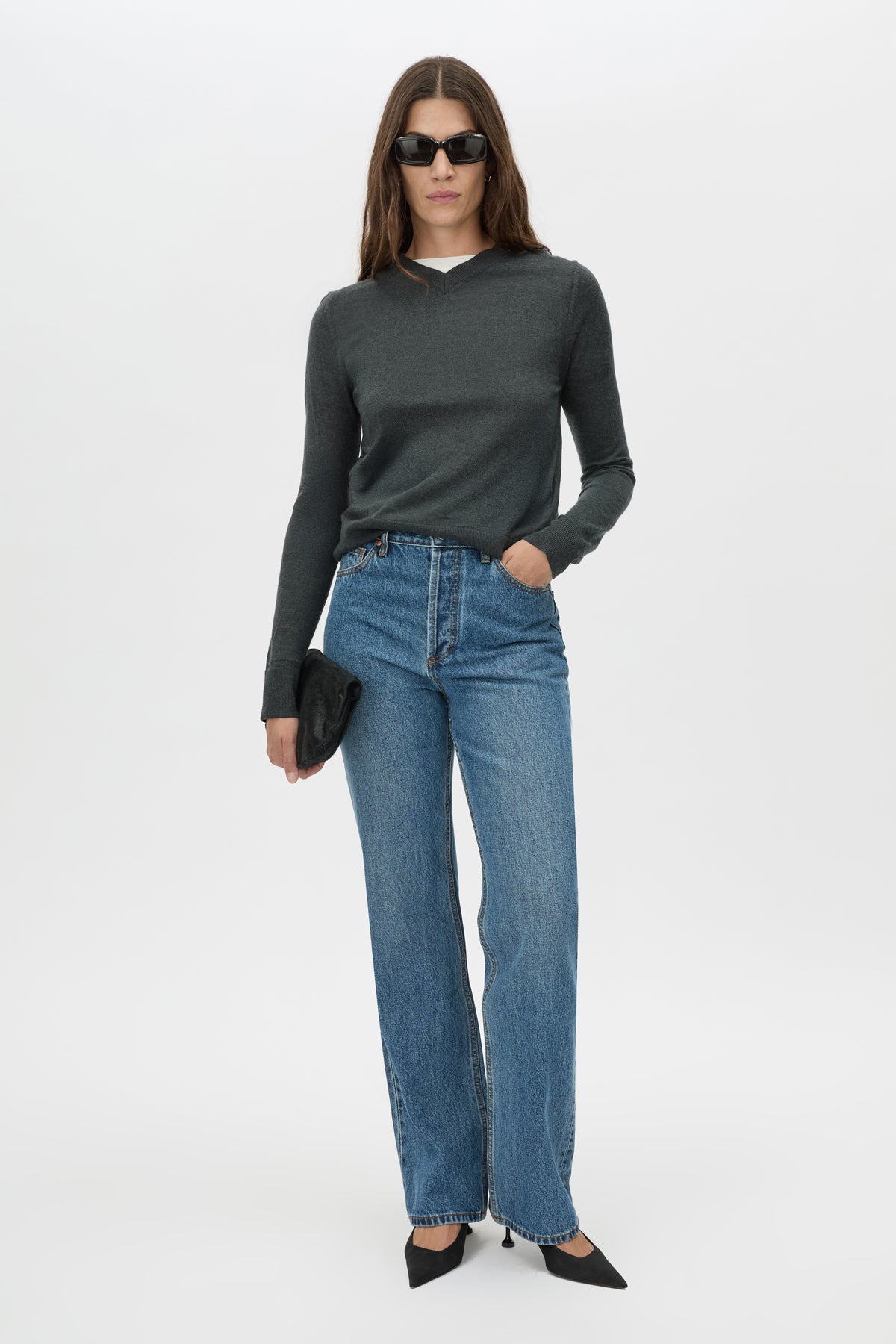 Front view CAMILLA AND MARC Leona Knit V Neck Sweater in Charcoal with long sleeves and soft knit finish.