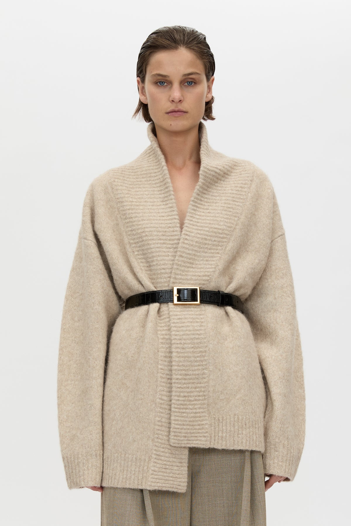 Cropped view CAMILLA AND MARC Leonie Knit Cardigan in Oatmeal Marle with wrap closure and waist tie.