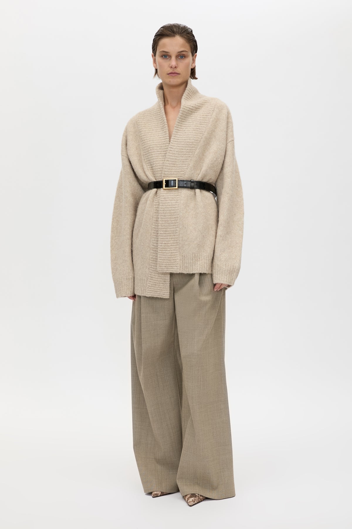Front view CAMILLA AND MARC Leonie Knit Cardigan in Oatmeal Marle with wrap closure and waist tie.