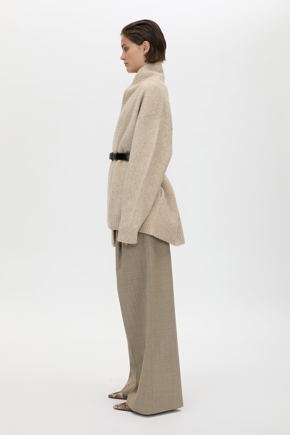 Side view CAMILLA AND MARC Leonie Knit Cardigan in Oatmeal Marle with wrap closure and waist tie.