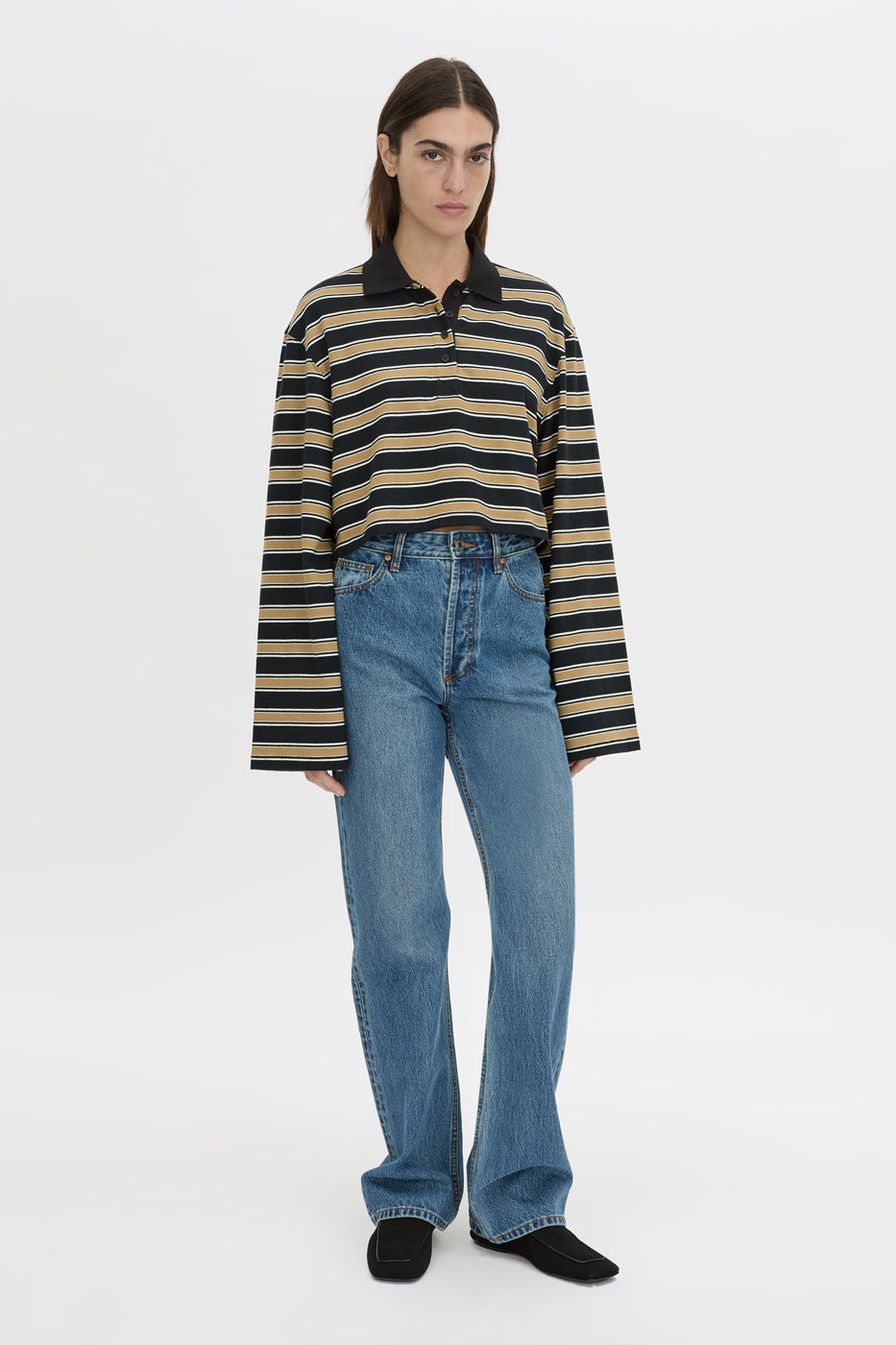Front view CAMILLA AND MARC Liat stripe crop polo top in Black stripe stripe.