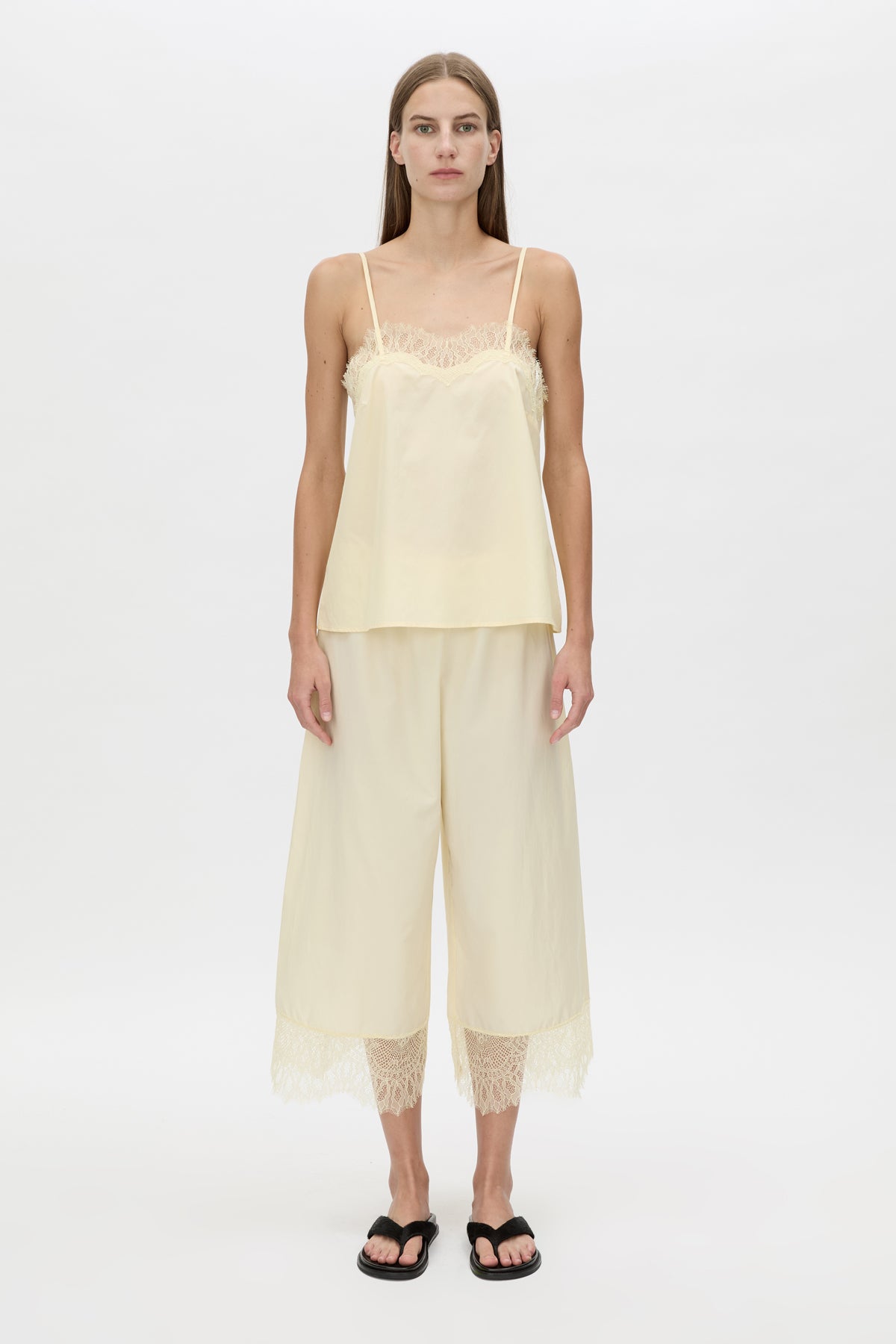 Lira Pant - CAMILLA AND MARC Lira cotton-silk wide-leg pant in yellow with scallop chantilly lace trim