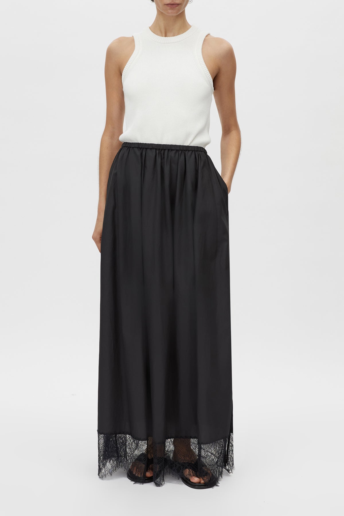 Lira Maxi Skirt - CAMILLA AND MARC Lira cotton-silk black maxi skirt with wide chantilly lace hem trim