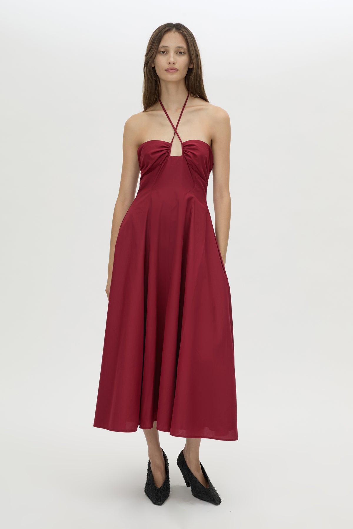Front-styled view CAMILLA AND MARC Lira midi dress in raspberry.