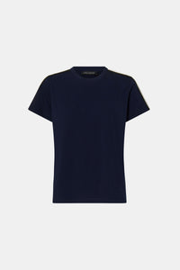 Ghost view CAMILLA AND MARC Locus Tee in Navy with fitted baby‑tee silhouette and contrast stripe tape.  