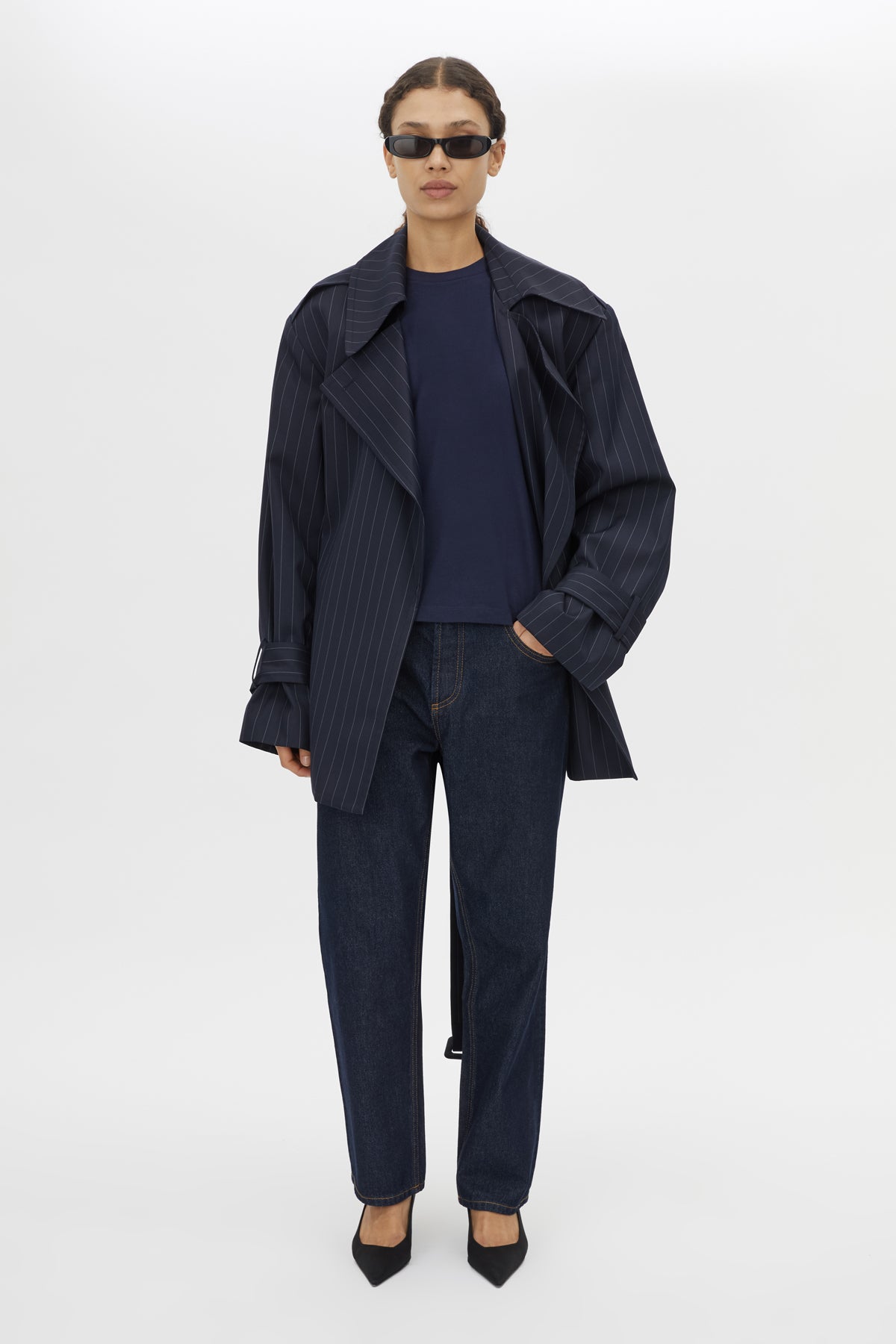 Front view CAMILLA AND MARC Locus Tee in Navy styled with the Brody Short Trench Coat.