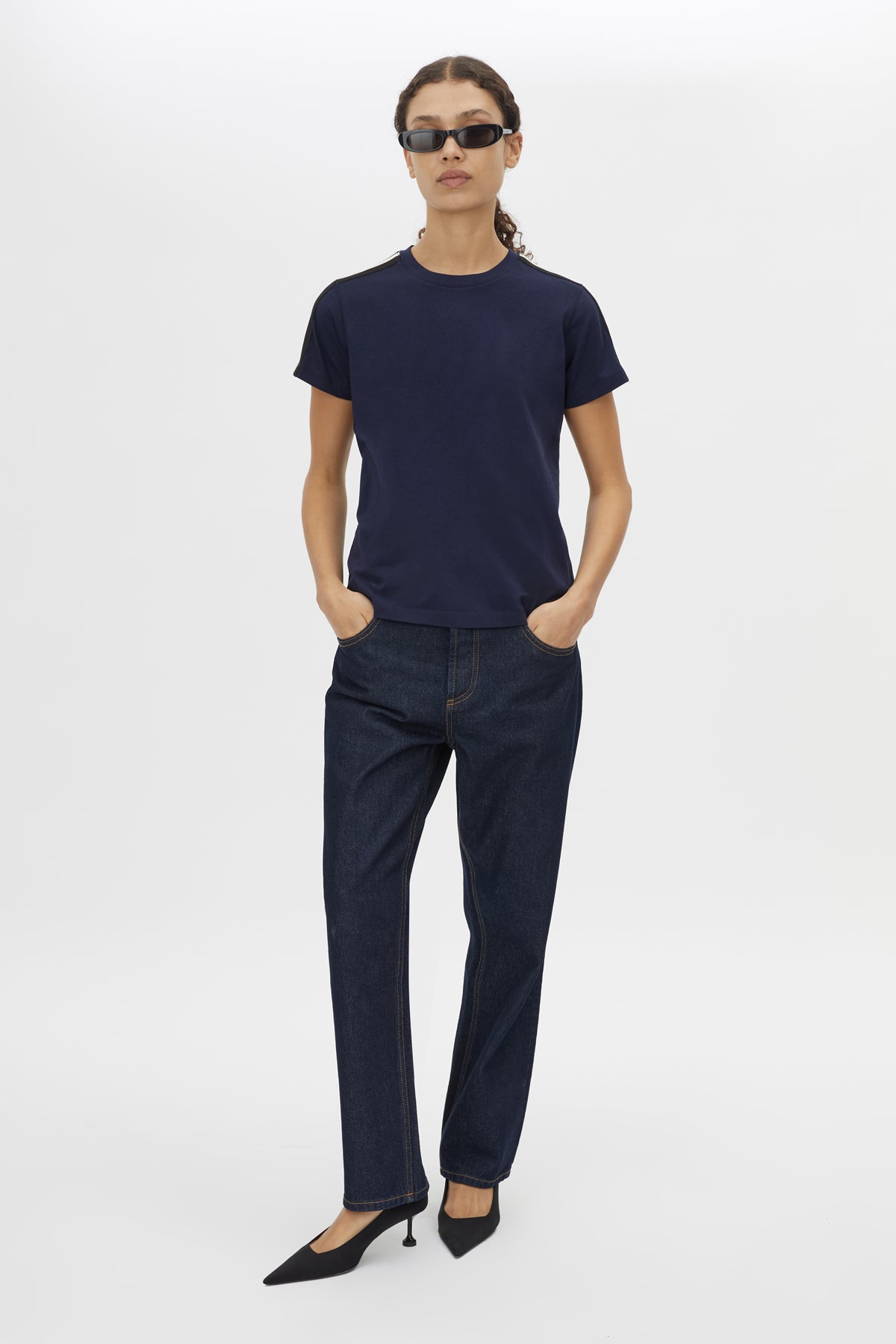 Front view CAMILLA AND MARC Locus Tee in Navy with fitted baby‑tee silhouette and contrast stripe tape. 