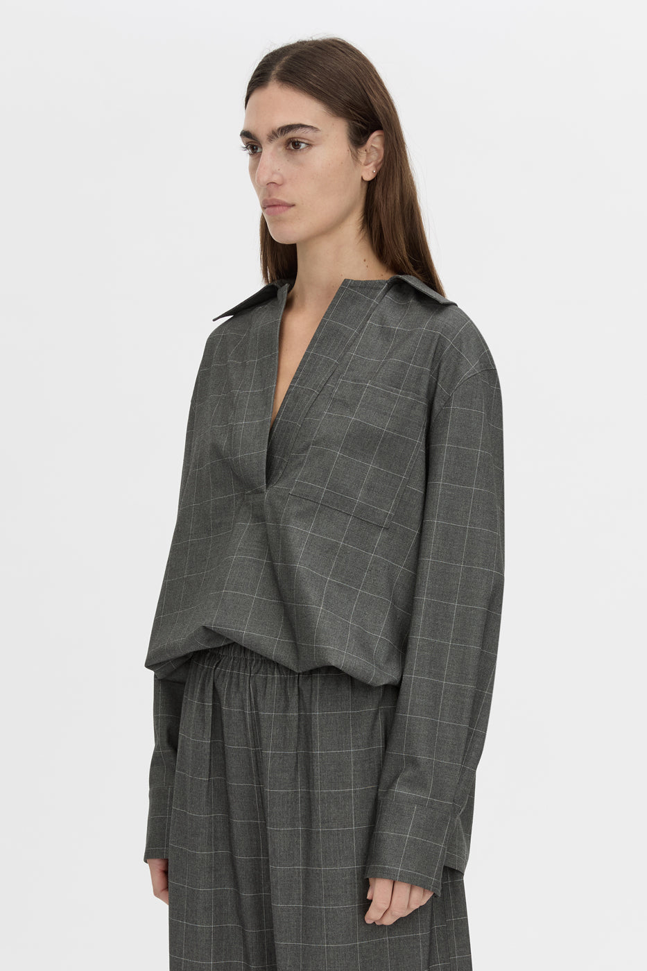 Cropped view CAMILLA AND MARC Lourdes check half placket shirt in grey.