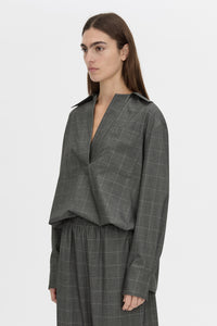 Cropped view CAMILLA AND MARC Lourdes check half placket shirt in grey.