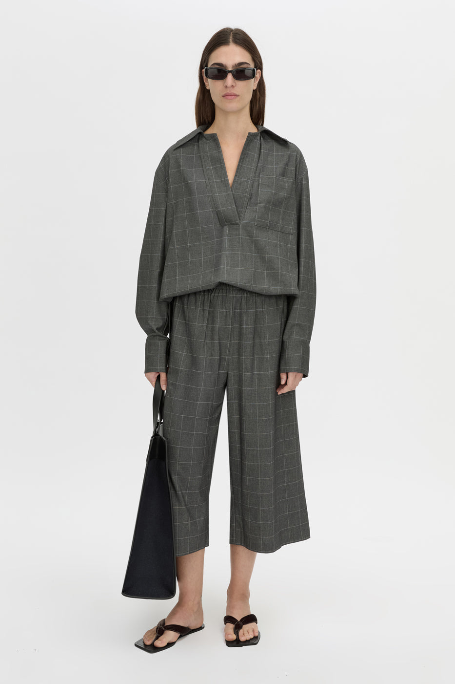 Front-styled view CAMILLA AND MARC Lourdes check half placket shirt in grey.