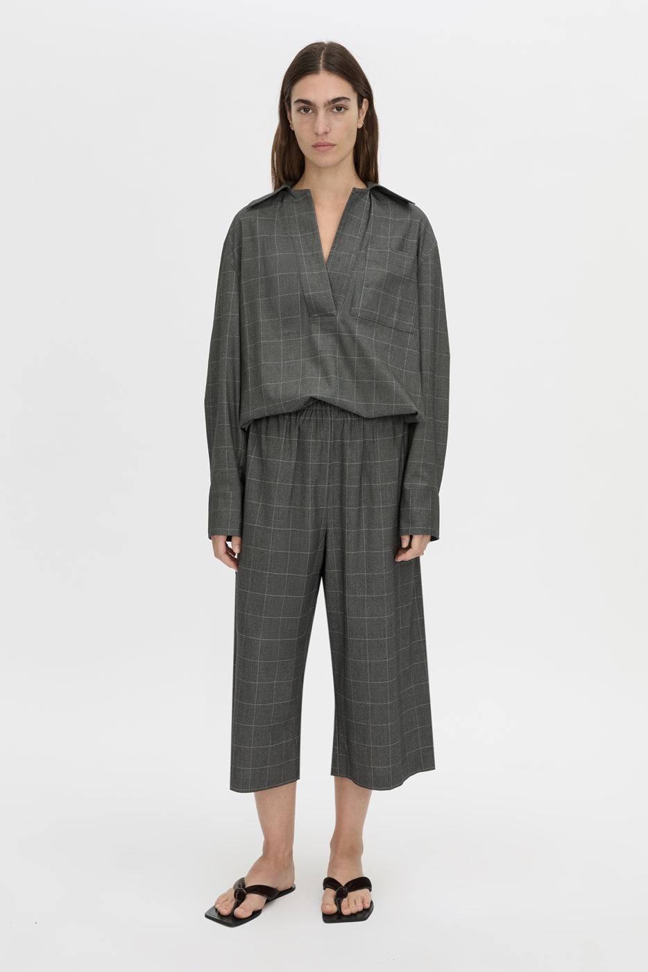 Front view CAMILLA AND MARC Lourdes check soft culotte in grey.