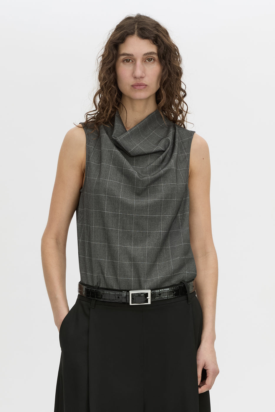 Cropped view CAMILLA AND MARC Lourdes check shell top in grey.