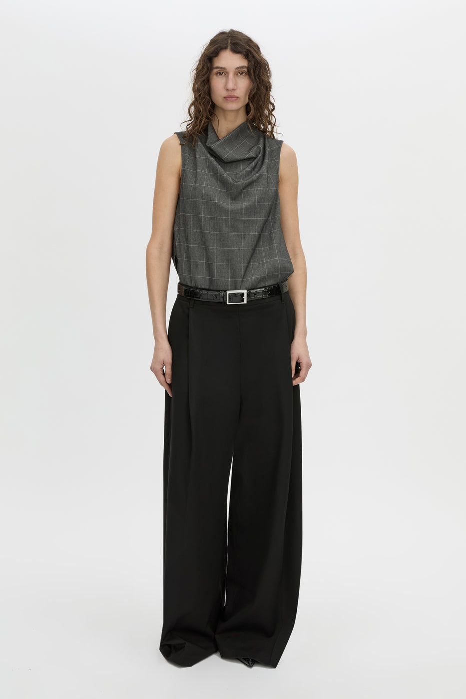 Front-styled view CAMILLA AND MARC Lourdes check shell top in grey.