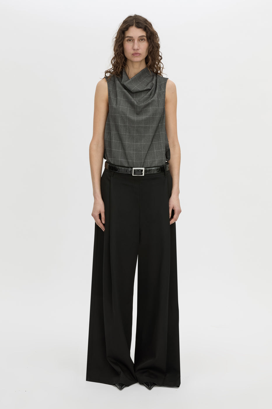 Front view CAMILLA AND MARC Lourdes check shell top in grey.