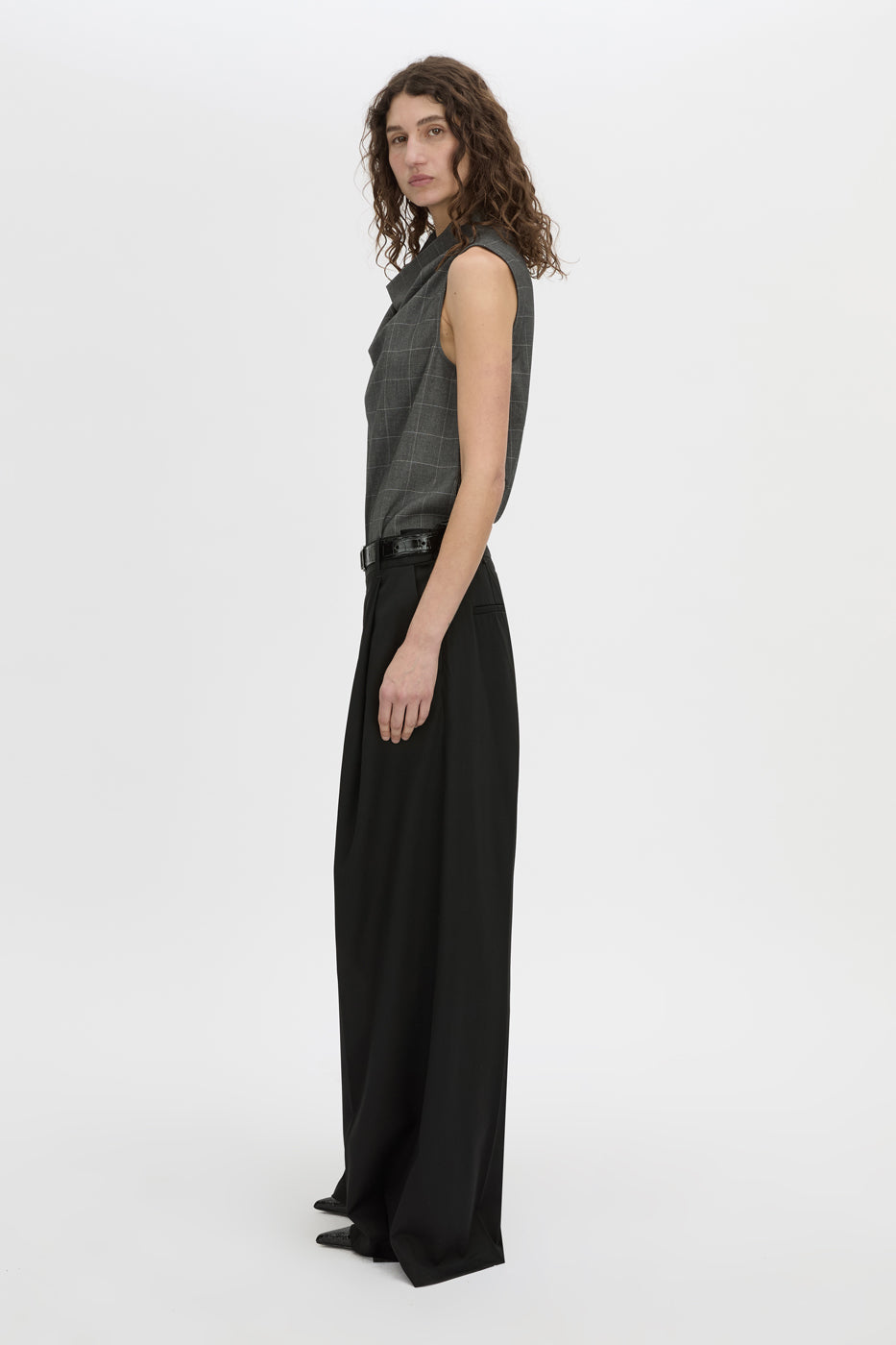 Side view CAMILLA AND MARC Lourdes check shell top in grey.