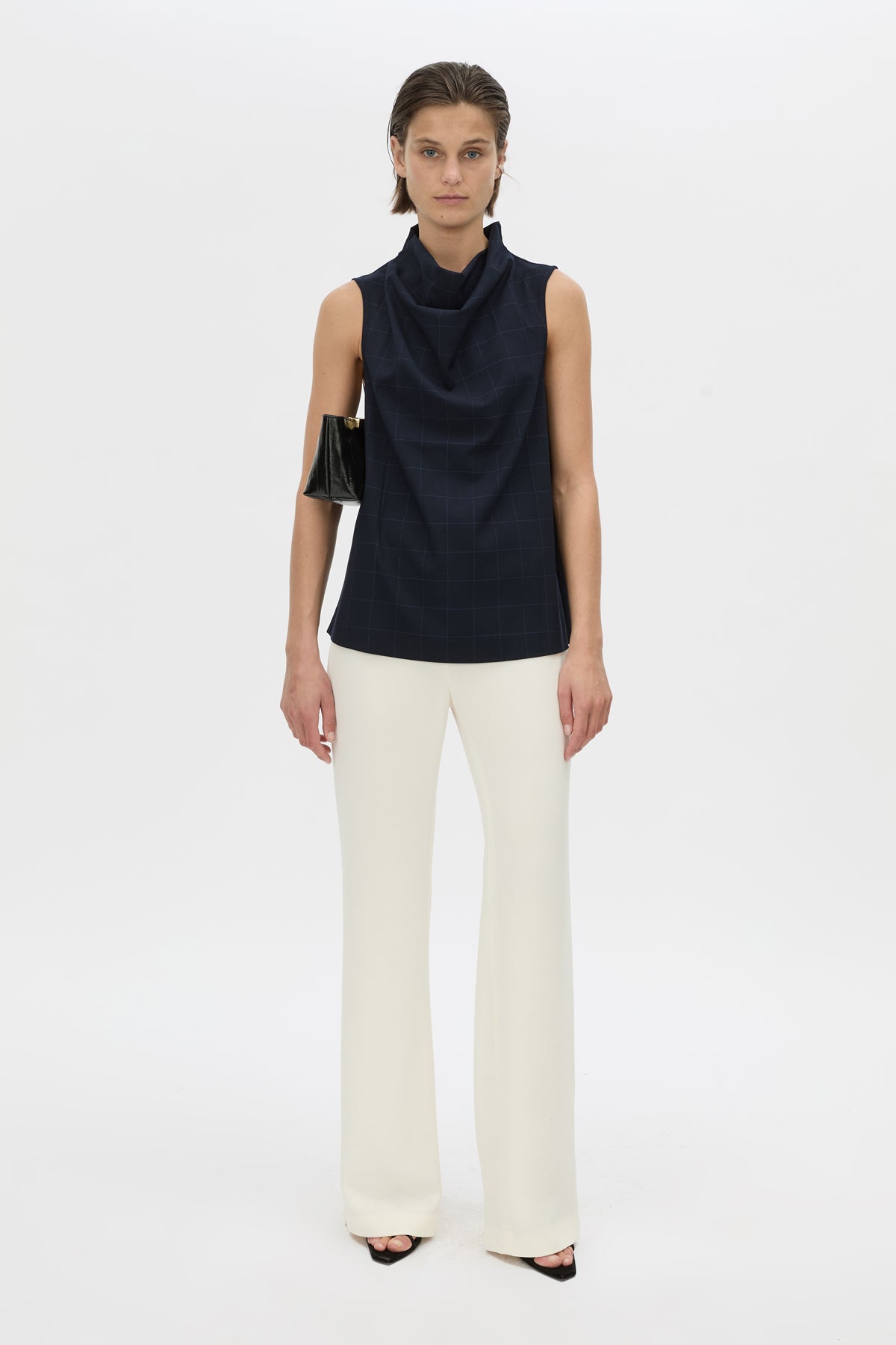 Front view CAMILLA AND MARC Lourdes check shell top in navy.