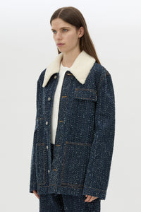 Cropped view CAMILLA AND MARC Luca Denim Utility Jacket in Indigo Neps with a detachable shearling collar.
