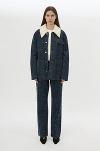 Front view CAMILLA AND MARC Luca Denim Utility Jacket in Indigo Neps with a detachable shearling collar.