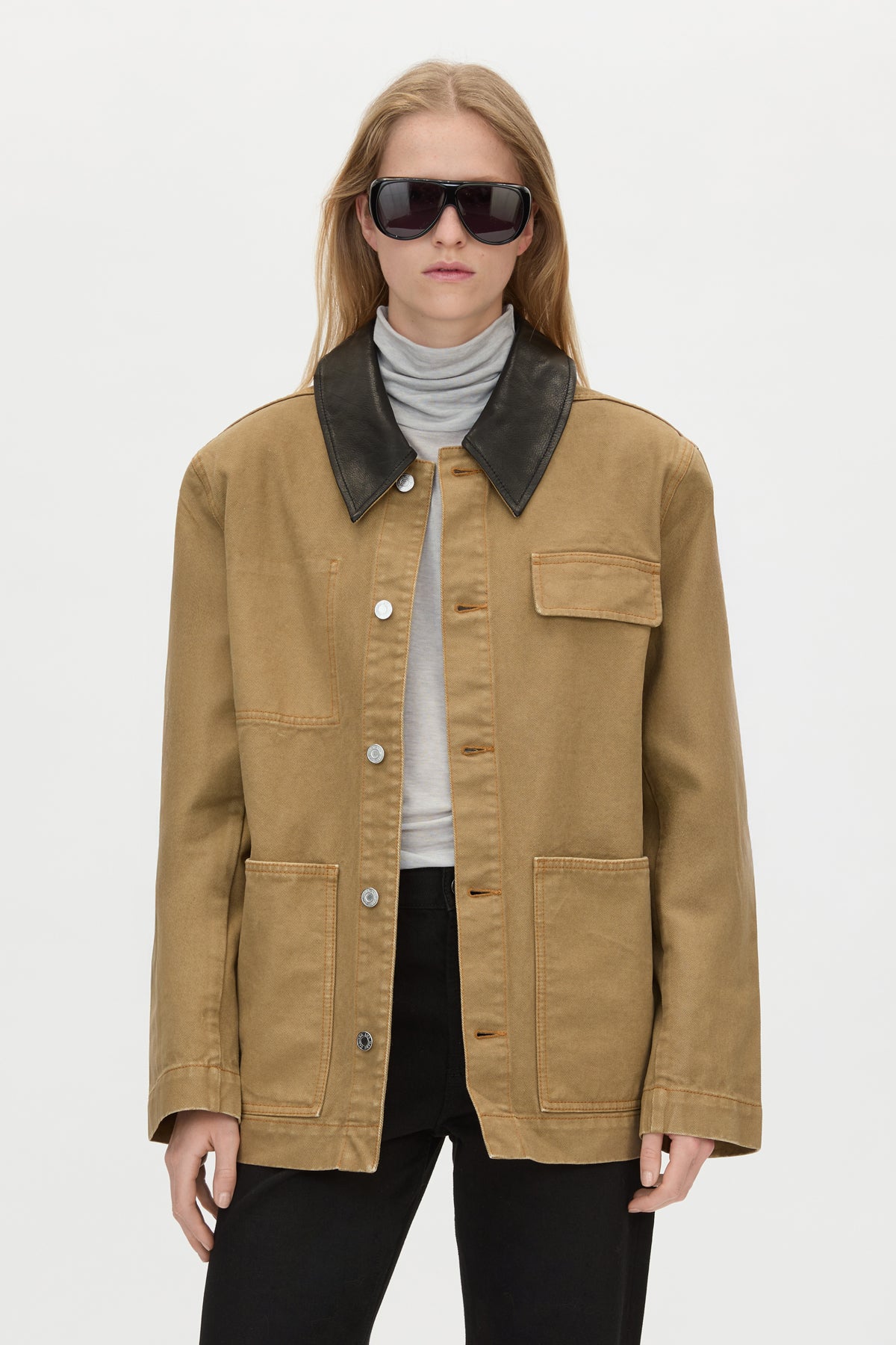 Cropped view CAMILLA AND MARC Luca Utility Jacket in Camel Brown with a contrast leather collar.