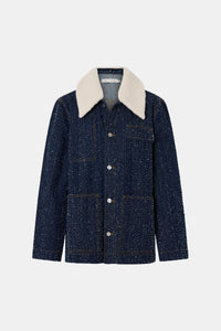 Ghost view CAMILLA AND MARC Luca Denim Utility Jacket in Indigo Neps with a detachable shearling collar.