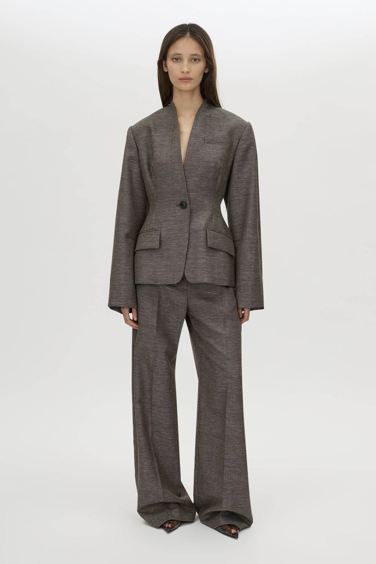 Front view CAMILLA AND MARC Luce blazer in chocolate marle.