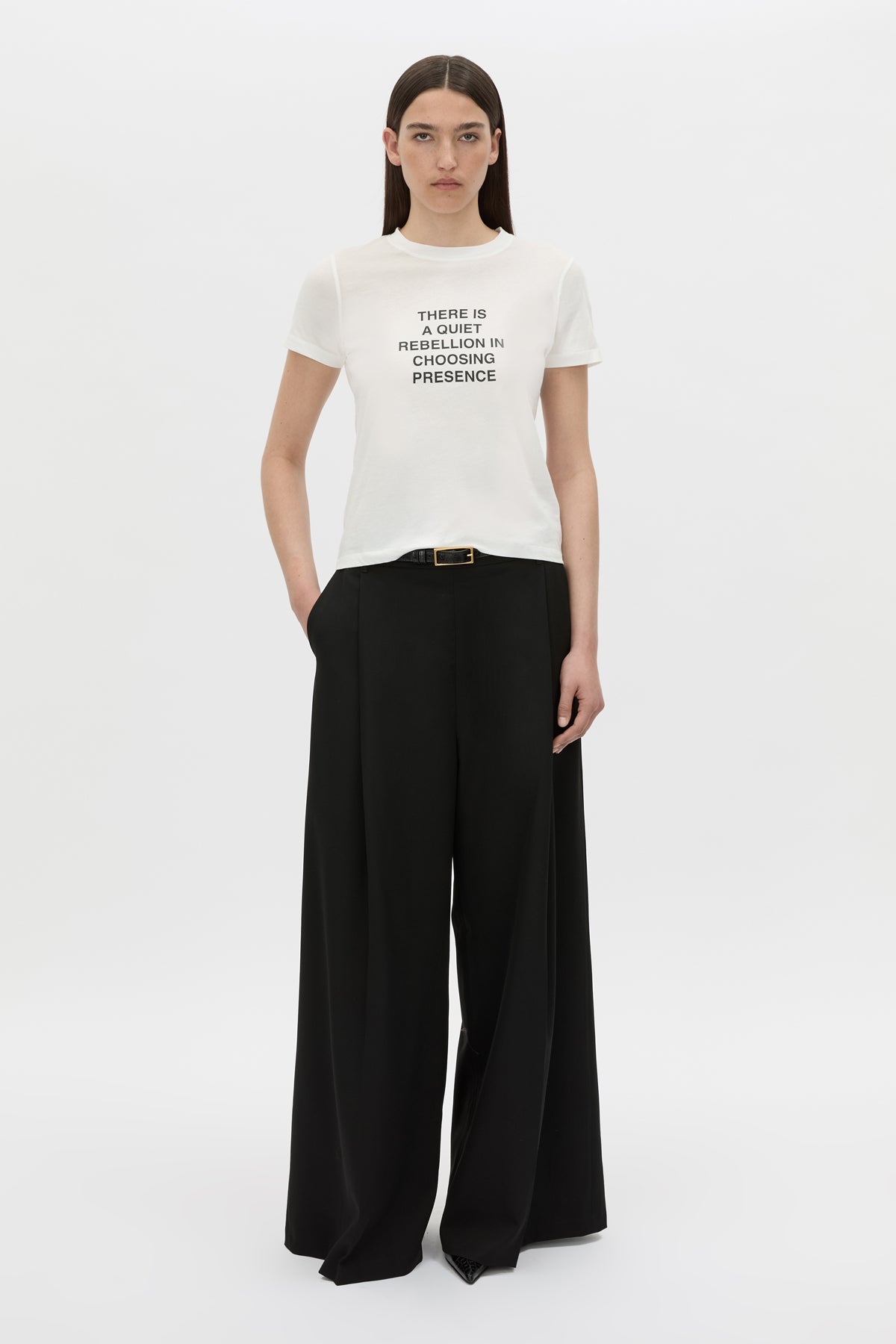 Front-styled view CAMILLA AND MARC Lucinda graphic tee in soft white.