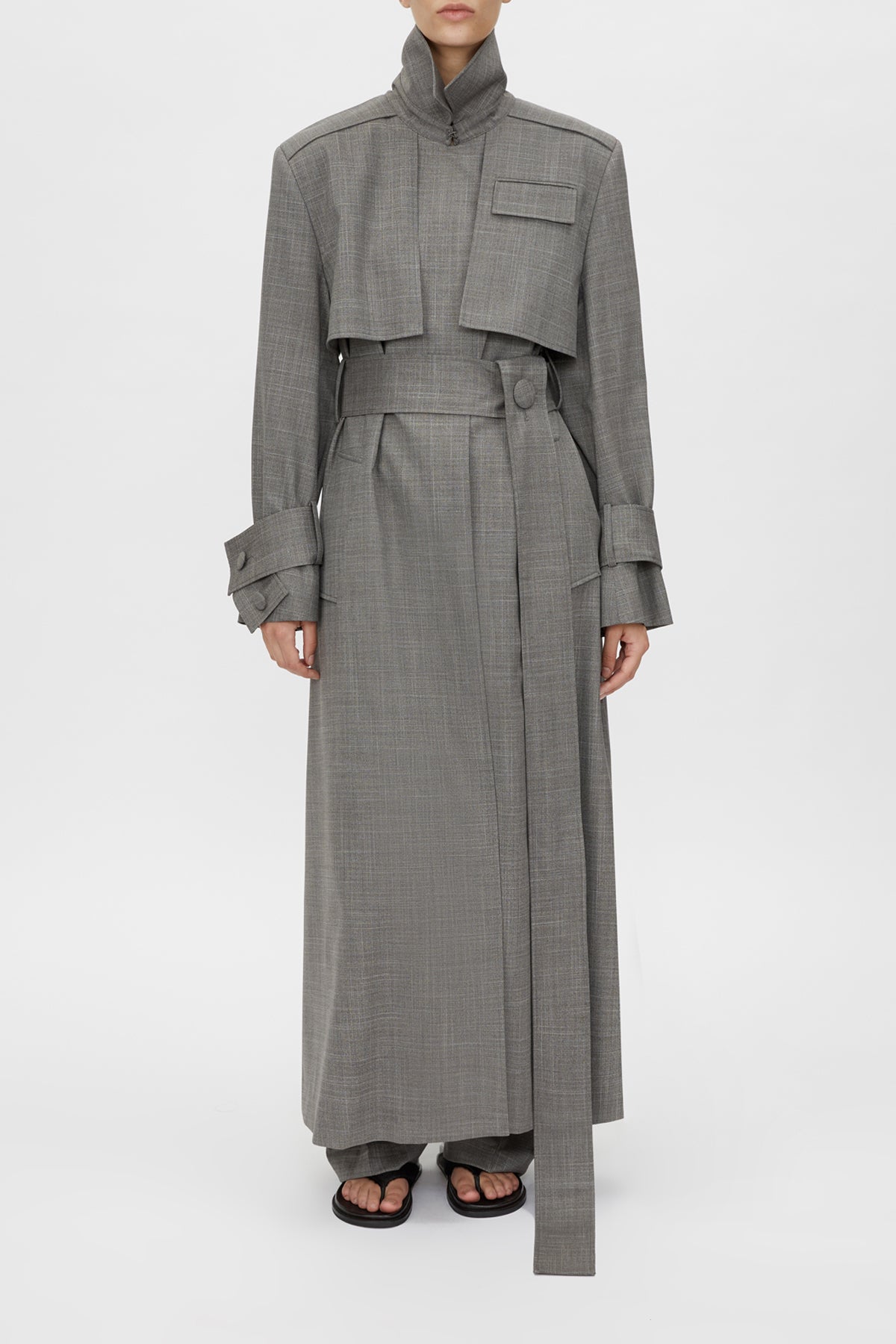Luis Trench Coat - CAMILLA AND MARC Luis charcoal tailored trench coat with detachable belt and connected storm flaps