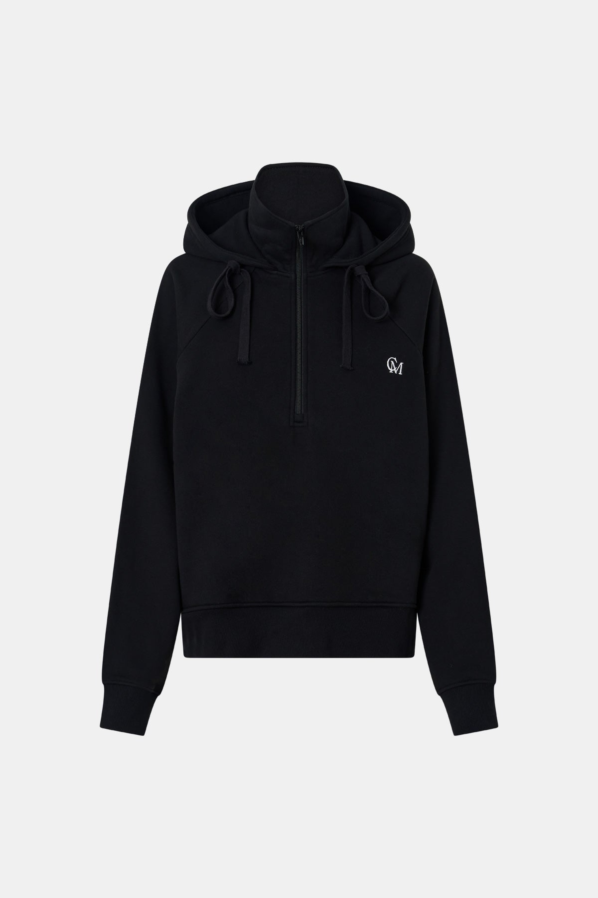 Ghost view CAMILLA AND MARC Lyra Embroidered Hoodie in Black and White with exposed quarter‑zip opening.