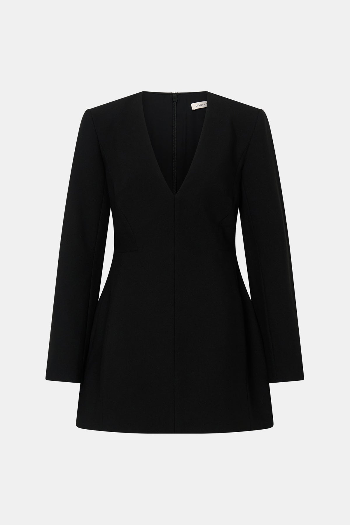 Ghost view CAMILLA AND MARC Mackinley Mini Dress in Black with long sleeves and plunge V‑neckline.