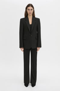 Front view CAMILLA AND MARC Mackinley high-wasited slim leg pant in black with pintuck details.