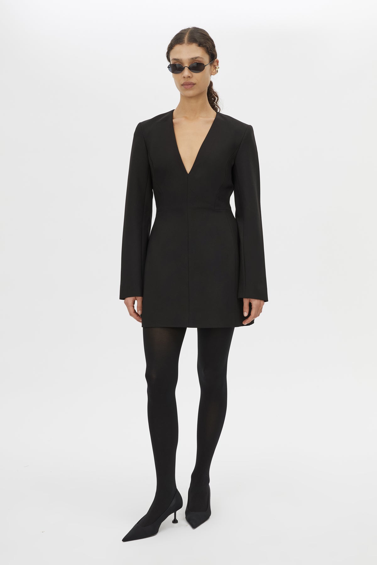 Front view CAMILLA AND MARC Mackinley Mini Dress in Black with long sleeves and plunge V‑neckline.