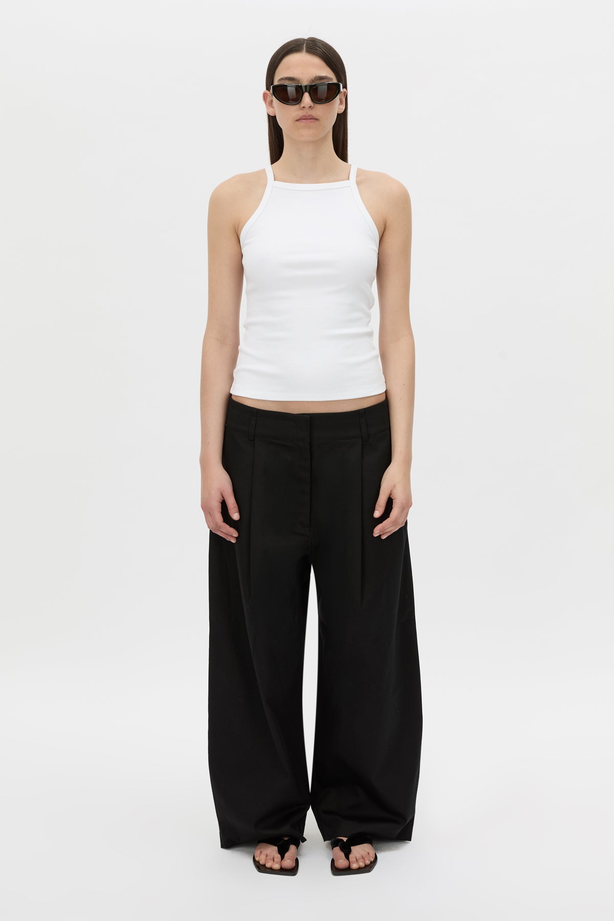 Front view CAMILLA AND MARC Magnolia Drill Pant in black with centre front and back pleats.