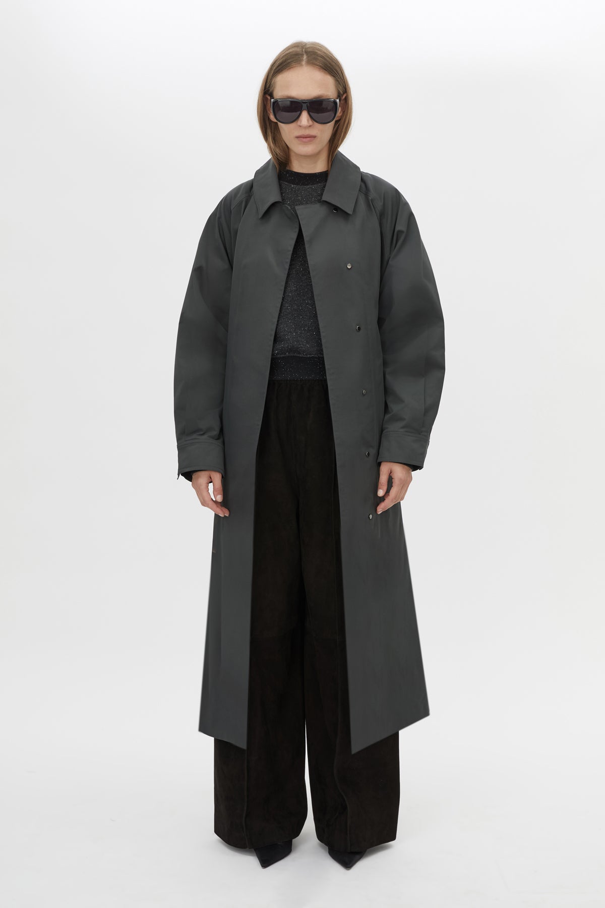 Front styled view CAMILLA AND MARC Mahdavi Trench in Grey with oversized silhouette and dropped raglan long sleeves.