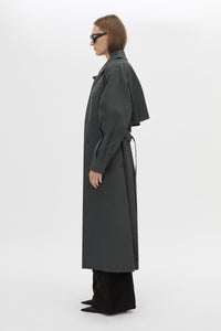 Side view CAMILLA AND MARC Mahdavi Trench in Grey with oversized silhouette and dropped raglan long sleeves.
