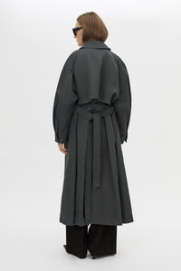 Back view CAMILLA AND MARC Mahdavi Trench in Grey with oversized silhouette and dropped raglan long sleeves.