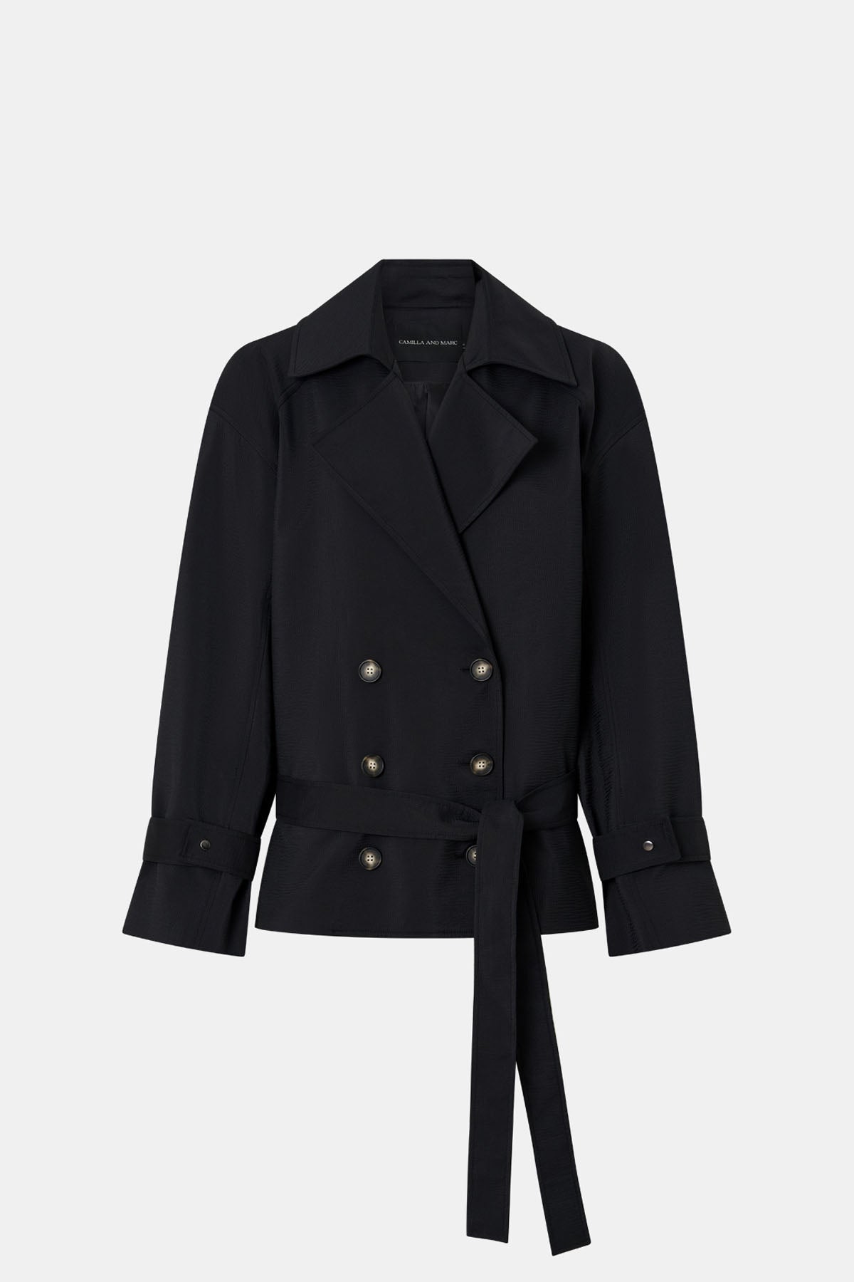 Ghost View - CAMILLA AND MARC Malia Belted Jacket in black with exaggerated collar and lapel.