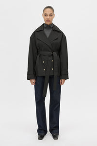 Front View - CAMILLA AND MARC Malia Belted Jacket in black with exaggerated collar and lapel.